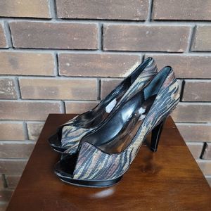 Carlos Carlos Santana ultra platform spike high heels peep toe trial print shoes